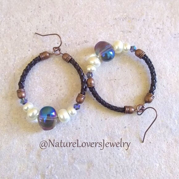 Boho Leather Hoop Earrings with Crystals & Pearls | Handmade Rustic Chic Jewelry - Picture 5 of 12